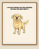 Framed display mockup — frame not included. Smug Labrador Retriever art print.