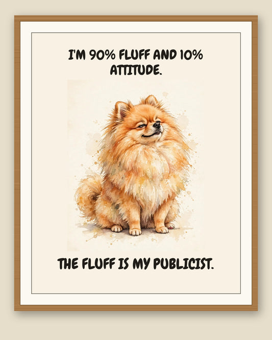 Framed display mockup — frame not included. Smug Pomeranian art print.