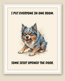 Framed display mockup — frame not included. Furious Australian Shepherd art print.