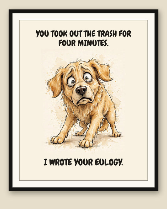 Framed display mockup — frame not included. Horrified Golden Retriever art print.