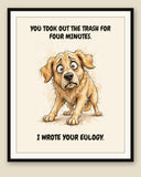 Framed display mockup — frame not included. Horrified Golden Retriever art print.