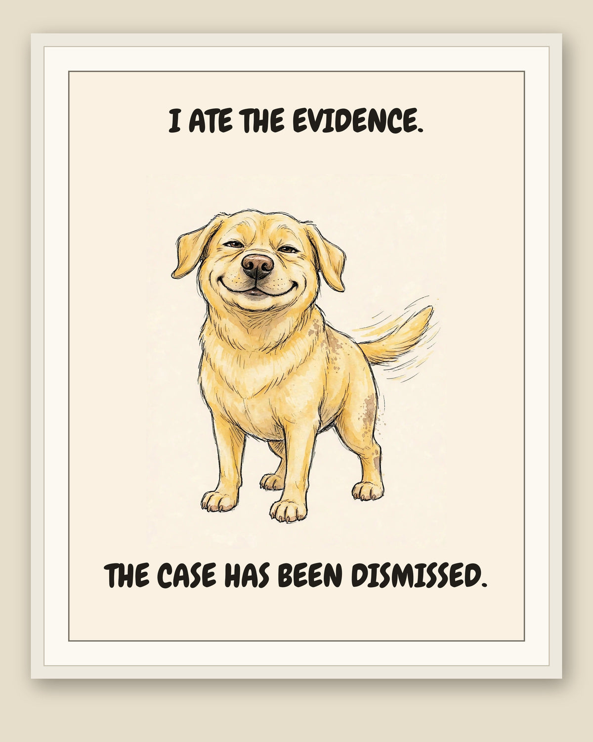 Framed display mockup — frame not included. Smug Labrador Retriever art print.