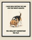 Framed display mockup — frame not included. Unbothered Beagle art print.