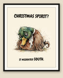 Mallard watercolor art print with the saying "CHRISTMAS SPIRIT? IT MIGRATED SOUTH." shown framed with a cream mat — frame for display only, not included