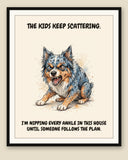 Framed display mockup — frame not included. Furious Australian Shepherd art print.