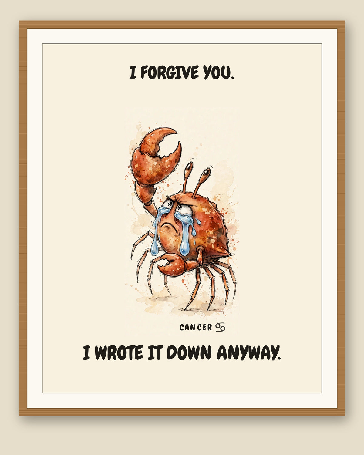 Framed display mockup — frame not included. Cancer Crab zodiac art print.