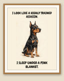 Framed display mockup — frame not included. Smug Doberman Pinscher art print.
