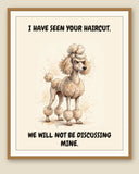 Framed display mockup — frame not included. Judgmental Poodle art print.