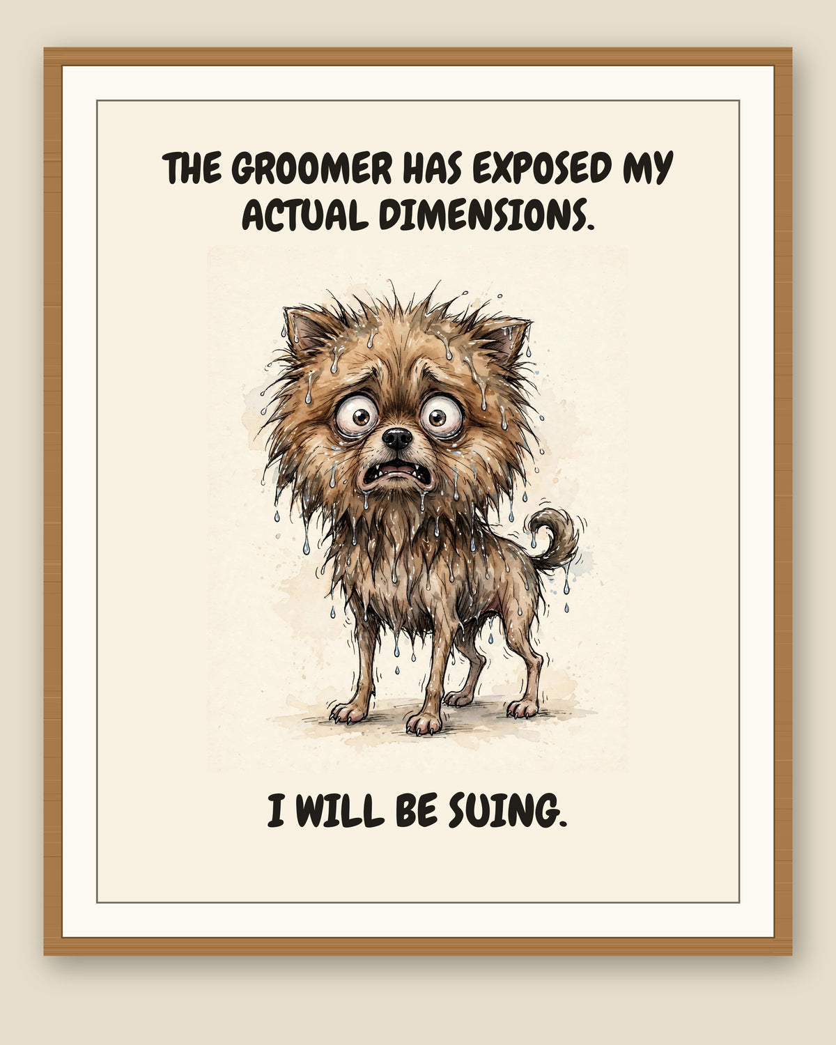 Framed display mockup — frame not included. Horrified Pomeranian art print.