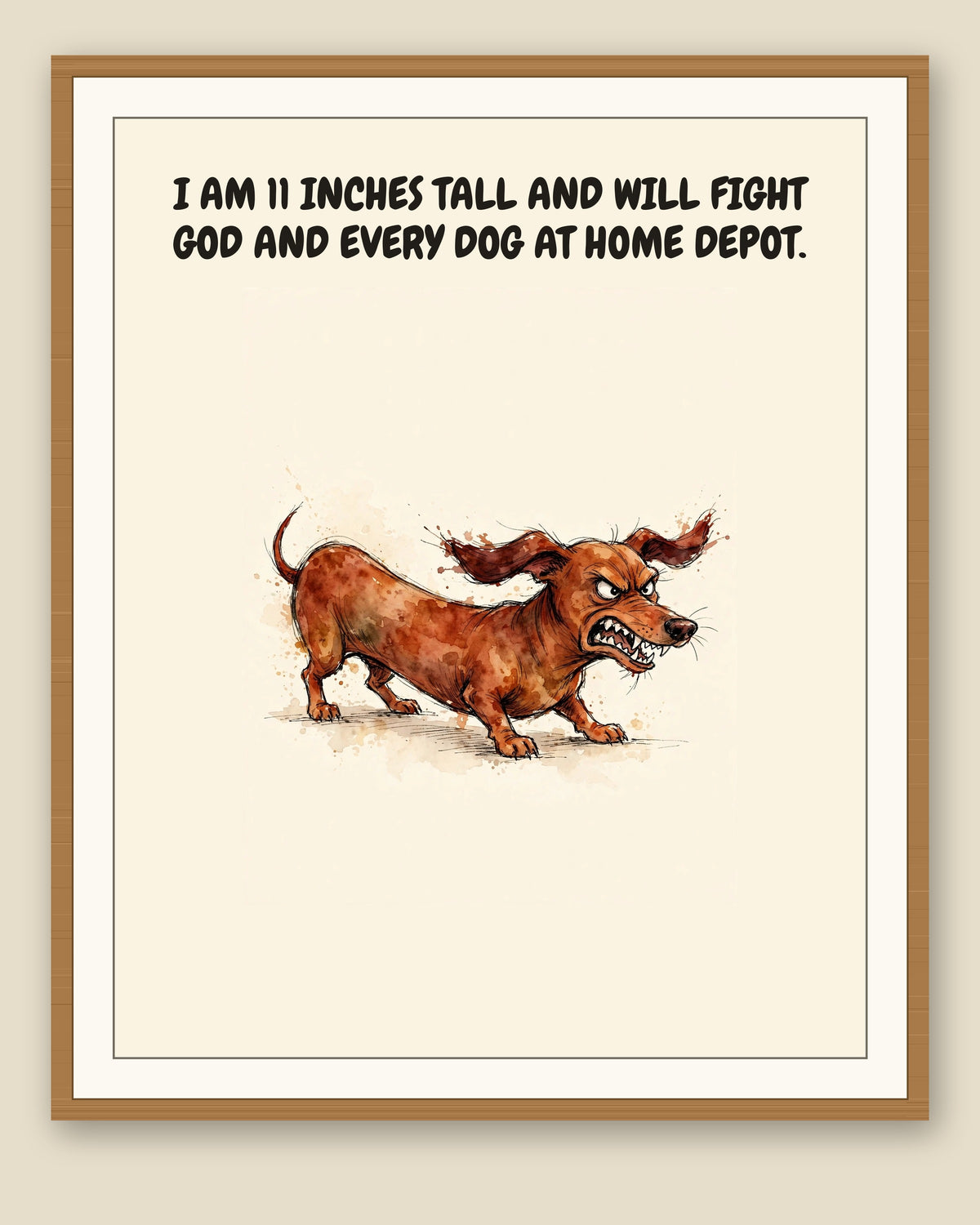 Framed display mockup — frame not included. Furious Dachshund art print.