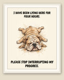 Framed display mockup — frame not included. Exhausted English Bulldog art print.