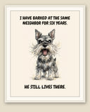 Framed display mockup — frame not included. Furious Miniature Schnauzer art print.