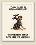 Framed display mockup — frame not included. Horrified Doberman Pinscher art print.