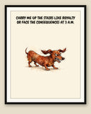 Framed display mockup — frame not included. Furious Dachshund art print.