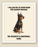 Framed display mockup — frame not included. Smug Doberman Pinscher art print.