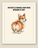 Framed display mockup — frame not included. Smug — The Famous Rear Pembroke Welsh Corgi art print.