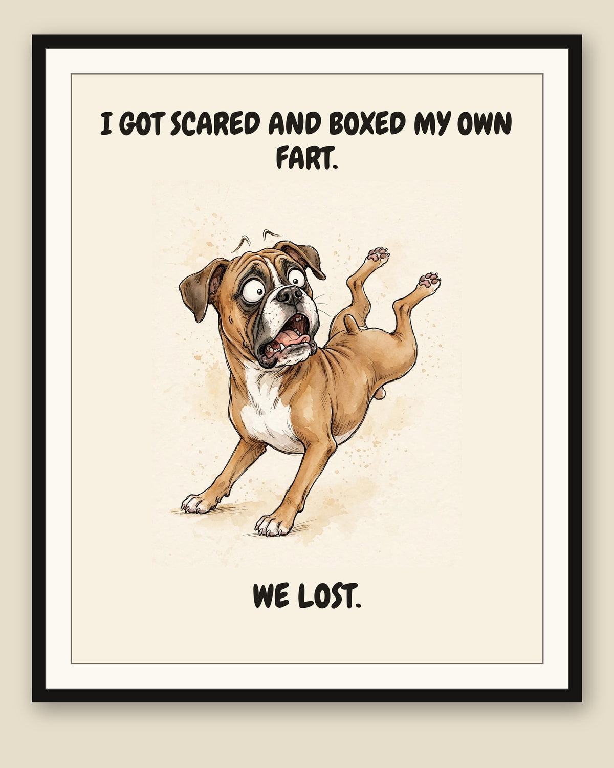 Framed display mockup — frame not included. Horrified Boxer art print.