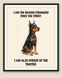 Framed display mockup — frame not included. Smug Doberman Pinscher art print.