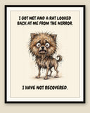 Framed display mockup — frame not included. Horrified Pomeranian art print.