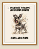 Framed display mockup — frame not included. Furious Miniature Schnauzer art print.