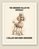 Framed display mockup — frame not included. Judgmental Poodle art print.