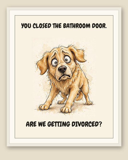 Framed display mockup — frame not included. Horrified Golden Retriever art print.