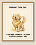 Framed display mockup — frame not included. Smug Golden Retriever art print.