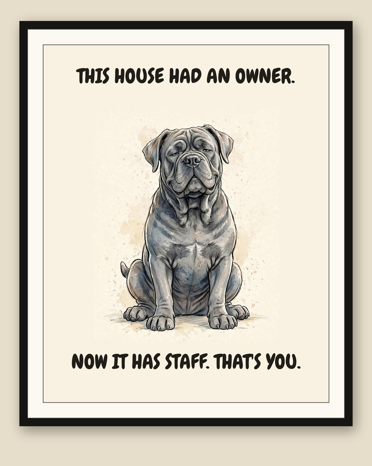 Framed display mockup — frame not included. Smug Cane Corso art print.