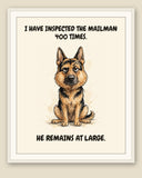 Framed display mockup — frame not included. Judgmental German Shepherd art print.