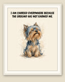 Framed display mockup — frame not included. Smug Yorkshire Terrier art print.