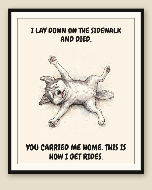 Framed display mockup — frame not included. Exhausted Siberian Husky art print.