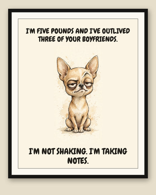 Framed display mockup — frame not included. Judgmental Chihuahua art print.