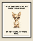 Framed display mockup — frame not included. Judgmental Chihuahua art print.