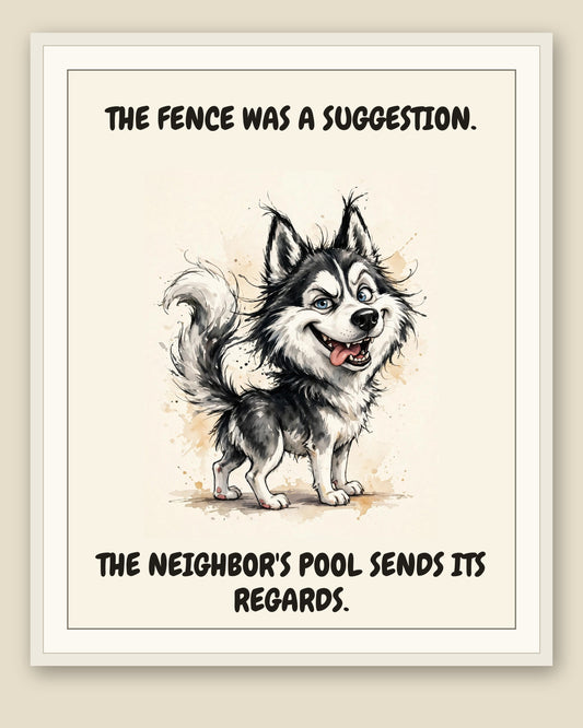 Framed display mockup — frame not included. Smug Siberian Husky art print.