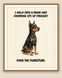 Framed display mockup — frame not included. Smug Doberman Pinscher art print.