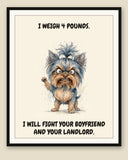 Framed display mockup — frame not included. Furious Yorkshire Terrier art print.