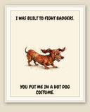 Framed display mockup — frame not included. Furious Dachshund art print.