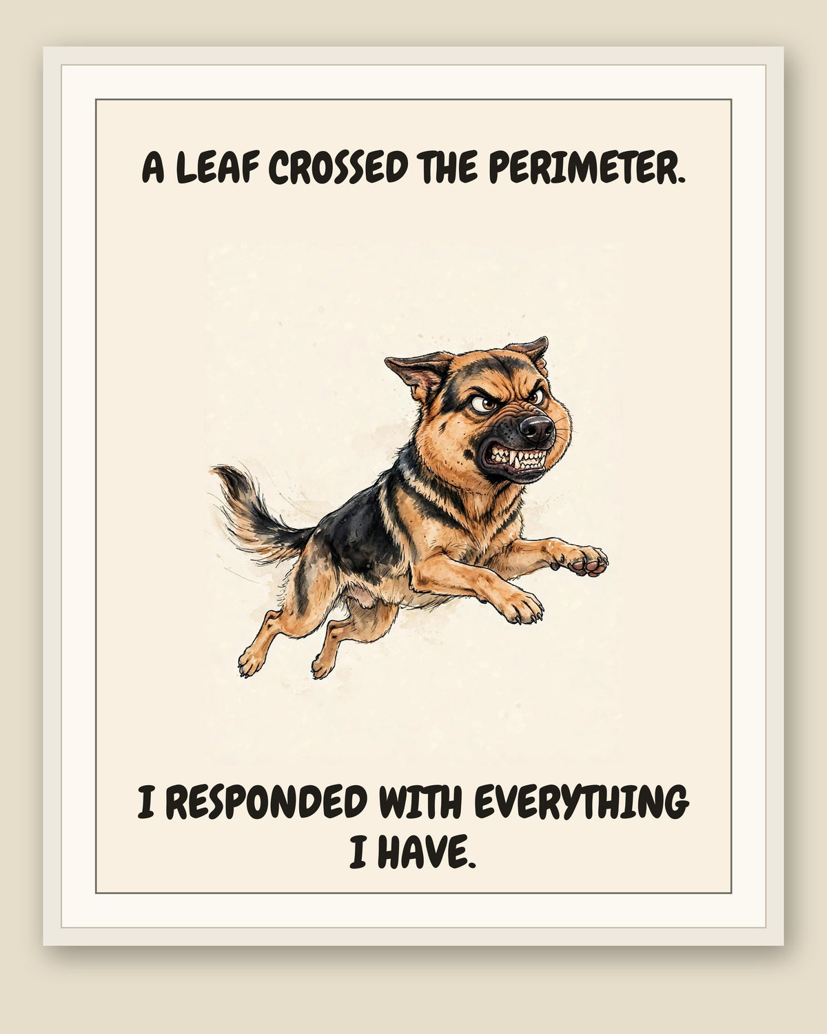 Framed display mockup — frame not included. Furious German Shepherd art print.