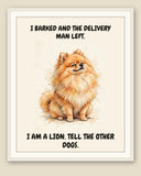 Framed display mockup — frame not included. Smug Pomeranian art print.