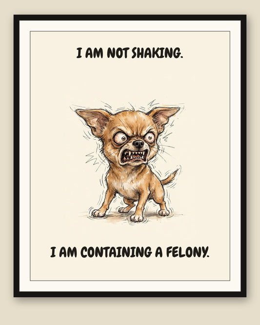 Framed display mockup — frame not included. Furious Chihuahua art print.