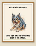 Framed display mockup — frame not included. Furious Australian Shepherd art print.