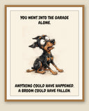 Framed display mockup — frame not included. Horrified Doberman Pinscher art print.