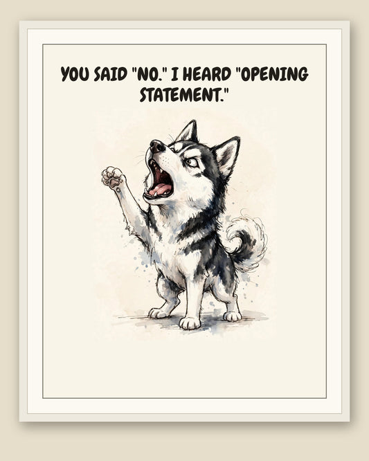 Framed display mockup — frame not included. Furious Siberian Husky art print.