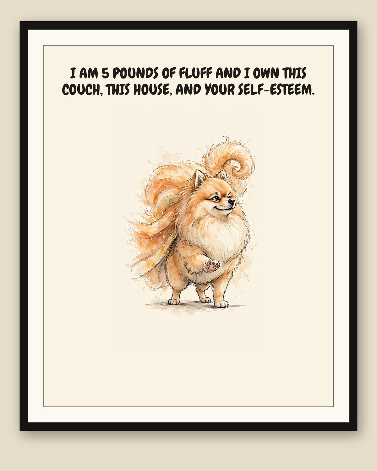 Framed display mockup — frame not included. Smug Pomeranian art print.