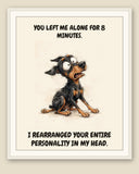 Framed display mockup — frame not included. Horrified Doberman Pinscher art print.