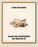 Framed display mockup — frame not included. Exhausted French Bulldog art print.