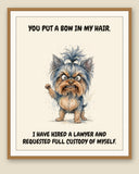 Framed display mockup — frame not included. Furious Yorkshire Terrier art print.