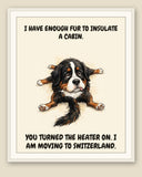 Framed display mockup — frame not included. Exhausted Bernese Mountain Dog art print.