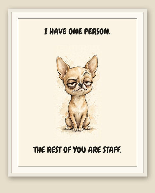 Framed display mockup — frame not included. Judgmental Chihuahua art print.
