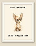 Framed display mockup — frame not included. Judgmental Chihuahua art print.